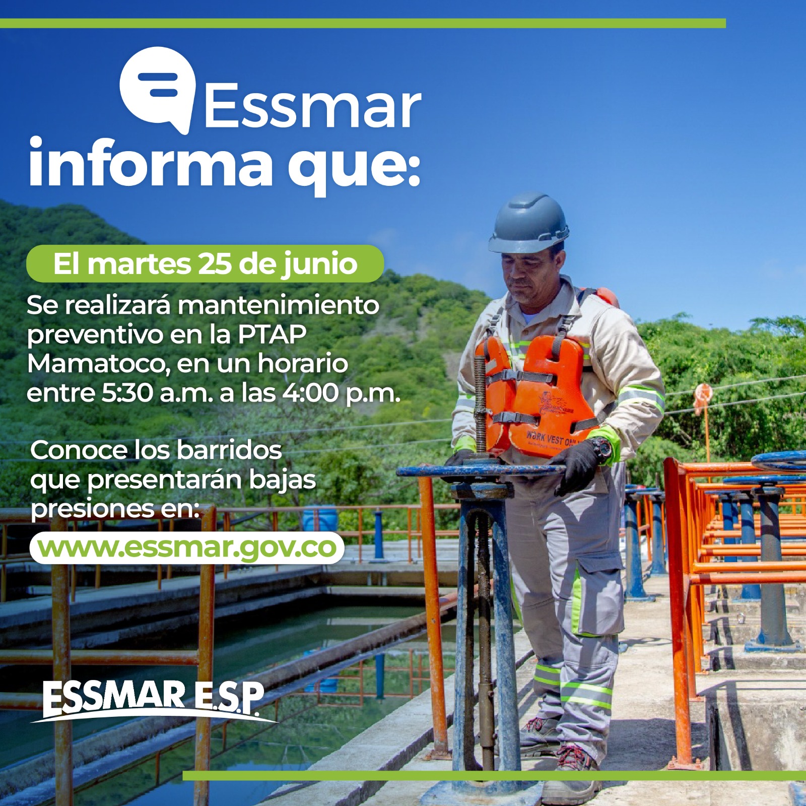 Essmar realizará mantenimientos preventivos en la -PTAP Mamatoco-