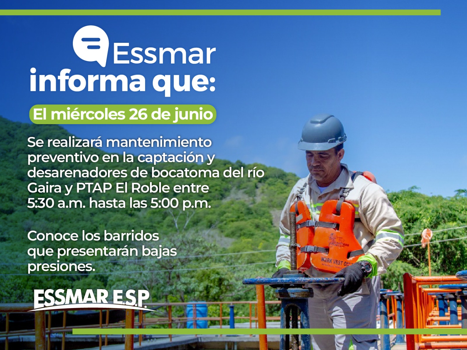 Essmar realizará mantenimientos preventivos en la -PTAP El Roble-